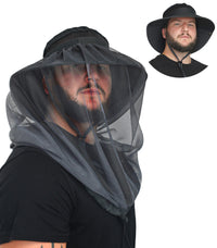 Front view of the GearTop Explorer Series black hiking sun hat with fine mesh mosquito net for reliable protection against mosquitoes, flies, and no-see-ums during outdoor activities.