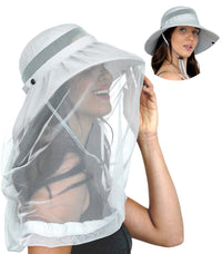 Woman wearing the GearTop Explorer Series light gray sun hat with removable mosquito net, offering breathable UPF 50+ sun protection and complete bug defense, with inset showing the hat without the net attached.