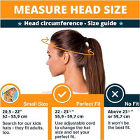 GearTOP Explorer Series size guide showing how to measure head circumference and adjust the drawcord for the ideal fit on the wide brim sun hat with mosquito net.