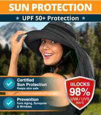 Woman wearing the GearTop Explorer Series UPF 50+ wide brim sun hat that blocks over 98% of harmful UVA and UVB rays, providing breathable protection for hiking, camping, fishing, and travel.