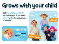 GearTOP adjustable kids sun hat designed to grow with your child, fitting ages 2 to 13 with a unisex bucket style, adjustable drawcord, and breathable comfort.
