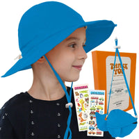 Royal blue Ariel sun hat by GearTOP, with gift box and sticker pack, UPF 50+ UV protection, foldable fish pouch.