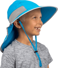 Side profile of a child wearing the blue GearTOP Discoverer Series sun hat with breathable mesh panels, wide brim, adjustable chin strap, and protective neck flap.