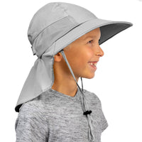 Child wearing the gray GearTOP Discoverer Series sun hat featuring breathable mesh panels, adjustable fit, neck flap, and wide brim for reliable UV protection.