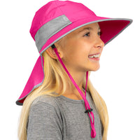 Child wearing the pink GearTOP Discoverer Series UPF 50+ sun protection hat with wide brim, breathable mesh sides, neck flap, and adjustable chin strap.