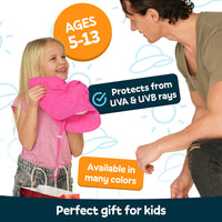 Child holding a GearTOP Discoverer Series UPF 50+ sun hat, highlighting UV protection, multiple color options, and a thoughtful gift for kids ages 5–13.