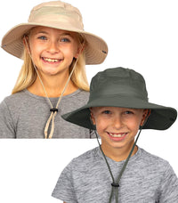 GearTOP kids sun hats in beige and olive, 2-pack, with wide brims, mesh ventilation, and chin straps for secure fit.