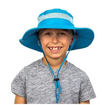 Smiling boy wearing GearTOP blue sun hat for kids, wide brim, UPF 50+ protection, breathable mesh panels for airflow.