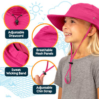 Girl in bright pink GearTOP sun hat, showing breathable mesh, sweat wicking band, adjustable chin strap, UPF 50+.