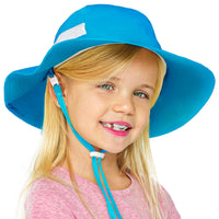 Child wearing the blue GearTOP kids sun hat with UPF 50+ protection, water-resistant fabric, wide brim coverage, and safety breakaway chin strap.