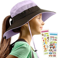 Girl wearing lavender GearTOP sun hat for kids with ponytail hole, mesh panels, and colorful stickers, side view.