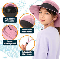 Pink GearTOP kids sun hat with mesh panels, adjustable drawcord, sweat-wicking band, and chin strap, worn by girl.
