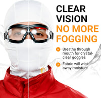 GearTop Racer Balaclava Mask helping reduce goggle fogging by directing airflow while wicking away moisture for clearer vision during skiing, snowboarding, and winter sports.