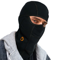 Man wearing the GearTop Racer Balaclava Mask in black, featuring breathable Super Roubaix fabric for full-face protection during skiing, motorcycling, cycling, and cold-weather adventures.