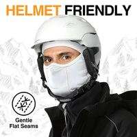 GearTop Racer Balaclava Mask worn comfortably beneath a ski helmet with flat seams that reduce pressure points, making it an ideal helmet liner for skiing, snowboarding, and cycling.