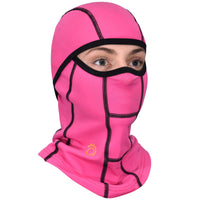 GearTop Racer Balaclava Mask in vibrant pink made with four-way stretch Super Roubaix fabric, offering breathable full-face protection for skiing, snowboarding, cycling, and outdoor sports.