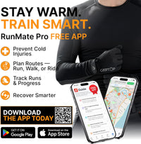 Athlete wearing GearTop Touch Screen Running Gloves while using the RunMate Pro app, demonstrating warm, touchscreen-compatible gloves for running, route planning, and outdoor fitness in cold weather.