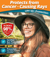 Smiling woman outdoors in black GearTOP sun hat with glasses; UPF 50+ protection blocks 98% UVA/UVB rays for face and neck safety.