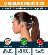 Head size measurement guide for GearTOP Navigator Series sun hats, showing perfect fit ranges and instructions for proper sizing.