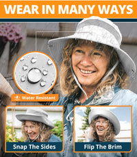Woman in rain wearing GearTOP white sun hat, highlighting water-resistant fabric, snap sides, and flip brim versatility for all-weather outdoor protection.