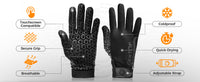 Feature overview of GearTop Touch Screen Running Gloves showcasing touchscreen compatibility, secure grip, breathable moisture-wicking fabric, cold protection, quick-drying performance, and adjustable wrist strap.