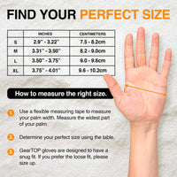 GearTop Touch Screen Running Gloves sizing guide showing palm measurement instructions and size chart to help choose the best fit for comfortable cold-weather performance.