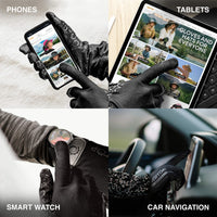 GearTop touchscreen running gloves operating a smartphone, tablet, smartwatch, and in-car navigation system without removing gloves, keeping hands warm during outdoor activities.