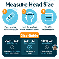 Size guide graphic showing how to measure a child’s head for the GearTOP Voyager kids sun hat with adjustable cord for proper fit.