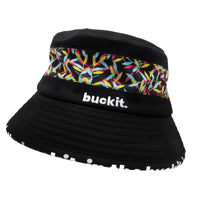 Angled product view of the Vibrant Bucket Hat featuring premium black cotton twill, colorful tropical band, wide brim, hidden pocket, removable strap, and lightweight packable construction for travel and everyday use.