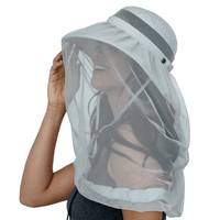 Side profile of the GearTOP Explorer Series light gray sun hat with fine mesh mosquito net providing full face and neck insect protection for hiking, camping, and fishing.