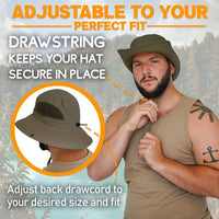 Infographic showing the GearTOP Floater Series adjustable rear drawcord and chin strap for a secure, customizable fit during windy hikes, boating, fishing, and camping.