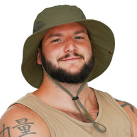 Man wearing the GearTOP Floater Series army green waterproof bucket hat with UPF 50+ sun protection, breathable mesh panels, and adjustable chin strap for rugged outdoor activities.