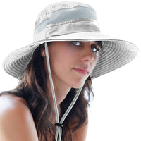 Woman wearing the light gray GearTop Navigator Series UPF 50+ sun hat with breathable mesh ventilation and adjustable chin strap for comfortable all-day outdoor wear.