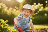 Toddler in a wide-brim UPF 50+ bucket sun hat with chin strap, playing in a sunny garden