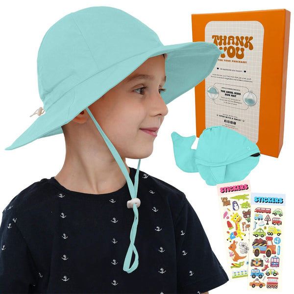 Aqua GearTOP Ariel kids sun hat shown with packaging and stickers, UPF 50+ sun protection, foldable into fish bag.