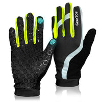 Front and back view of GearTop Touch Screen Reflective Running Gloves featuring reflective panels, anti-slip silicone grip, touchscreen fingertips, breathable fabric, and lightweight cold-weather performance.