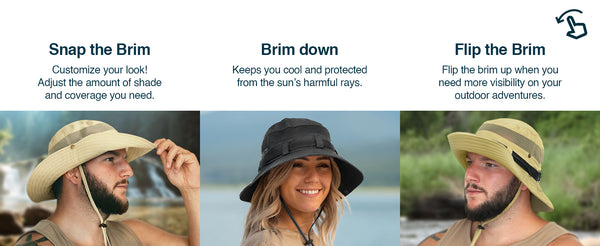 Safari hat with adjustable snap brim styles, customizable sun coverage for hiking, fishing, and outdoor activities