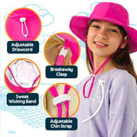 Close-up of GearTOP Voyager kids sun hat features including adjustable drawcord, breakaway chin strap, sweat-wicking band, and secure fit.