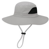GearTOP Discoverer Air Series light gray UPF 50+ wide brim sun hat featuring breathable mesh side panels, adjustable drawcord chin strap, lightweight quick-dry nylon fabric, and reliable UV protection for hiking, fishing, camping, beach trips, and gardening.