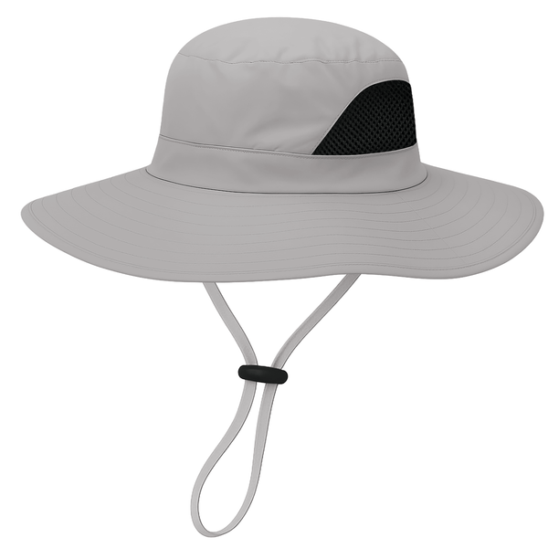 GearTOP Discoverer Air Series light gray UPF 50+ wide brim sun hat featuring breathable mesh side panels, adjustable drawcord chin strap, lightweight quick-dry nylon fabric, and reliable UV protection for hiking, fishing, camping, beach trips, and gardening.