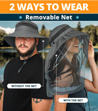 GearTop Explorer Series sun hat shown in two wearing styles—without the mosquito net for everyday sun protection and with the removable bug net for complete insect protection while hiking, camping, or fishing.