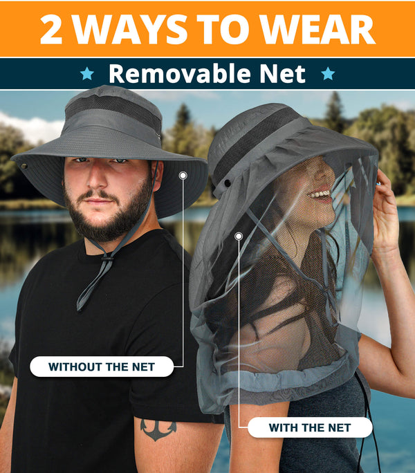 GearTop Explorer Series sun hat shown in two wearing styles—without the mosquito net for everyday sun protection and with the removable bug net for complete insect protection while hiking, camping, or fishing.