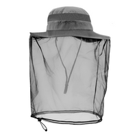Front view of the GearTOP Explorer Series dark gray sun protection hat with removable mosquito net, breathable mesh ventilation, adjustable chin strap, and UPF 50+ wide brim.