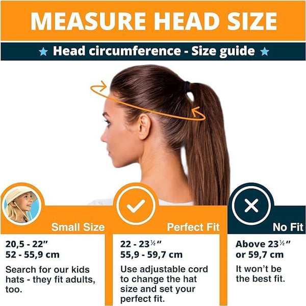 GearTOP Explorer Series size guide showing how to measure head circumference and adjust the drawcord for the ideal fit on the wide brim sun hat with mosquito net.