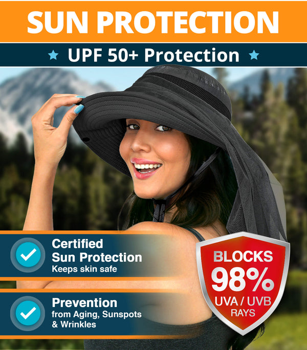 Woman wearing the GearTop Explorer Series UPF 50+ wide brim sun hat that blocks over 98% of harmful UVA and UVB rays, providing breathable protection for hiking, camping, fishing, and travel.