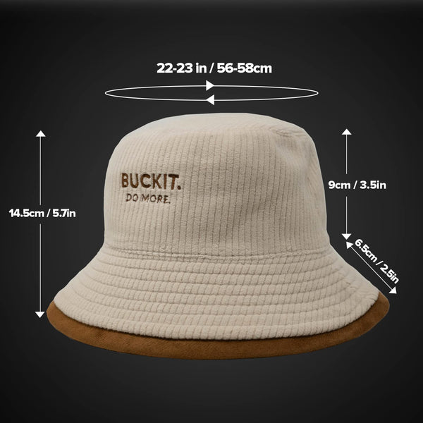 Size guide for the Flip Reversible Bucket Hat showing a comfortable unisex fit for 56–60 cm head circumference with detailed height and brim dimensions.