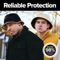 Two models wearing the Flip Reversible Bucket Hat in black and crème, highlighting stylish reversible design, breathable comfort, and reliable UV sun protection for outdoor adventures.