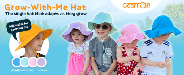 Grow-With-Me Ariel hat infographic showing four color choices, adjustable fit, and GearTOP brand for all ages.