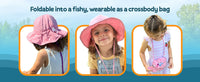 Ariel sun hat for kids by GearTOP folds into a fish-shaped crossbody bag, shown in three easy steps for playful versatility.