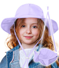 Light purple GearTOP Ariel kids sun hat with UPF 50+, adjustable chin strap, and playful foldable fish design for sun safety.